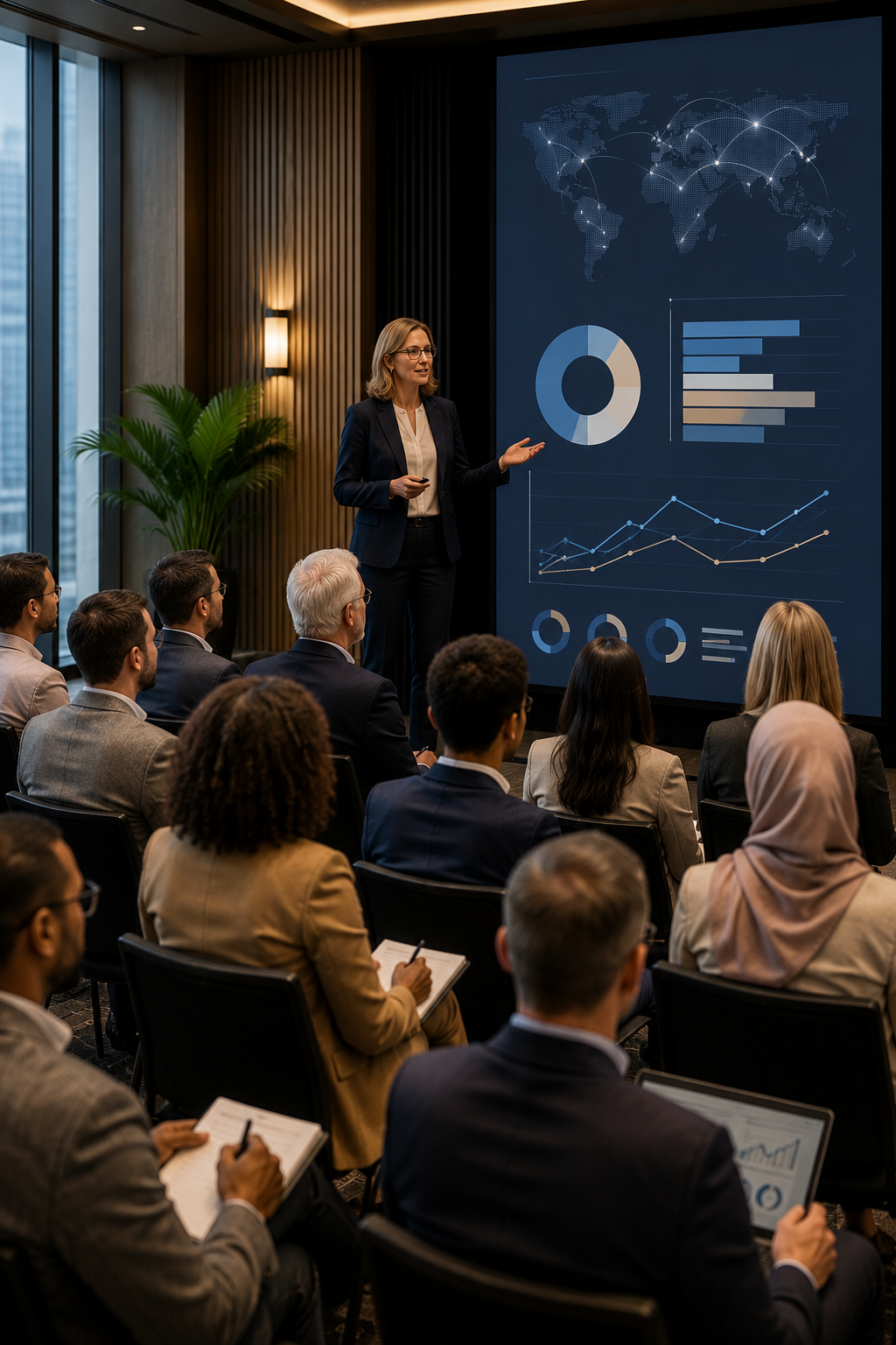 Matchmaking professionals discussing industry research and market insights at a business event